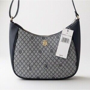 New TOMMY HILFIGER Black /White / Gold Metal TH Logo Crossbody Handbag MSRP $108